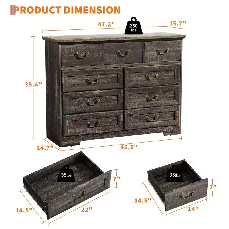 Commode GustoWave à 9 tiroirs pour chambre à coucher, commode en bois vintage de 120 cm de large, organisateur de rangement de style ferme pour salon, couloir, entrée
