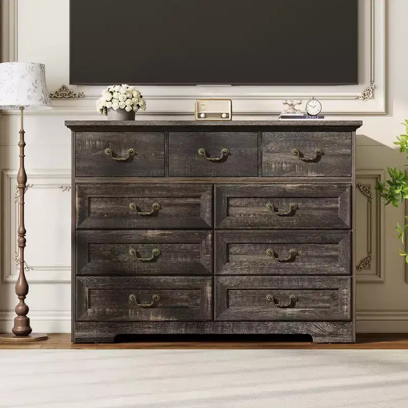Commode GustoWave à 9 tiroirs pour chambre à coucher, commode en bois vintage de 120 cm de large, organisateur de rangement de style ferme pour salon, couloir, entrée