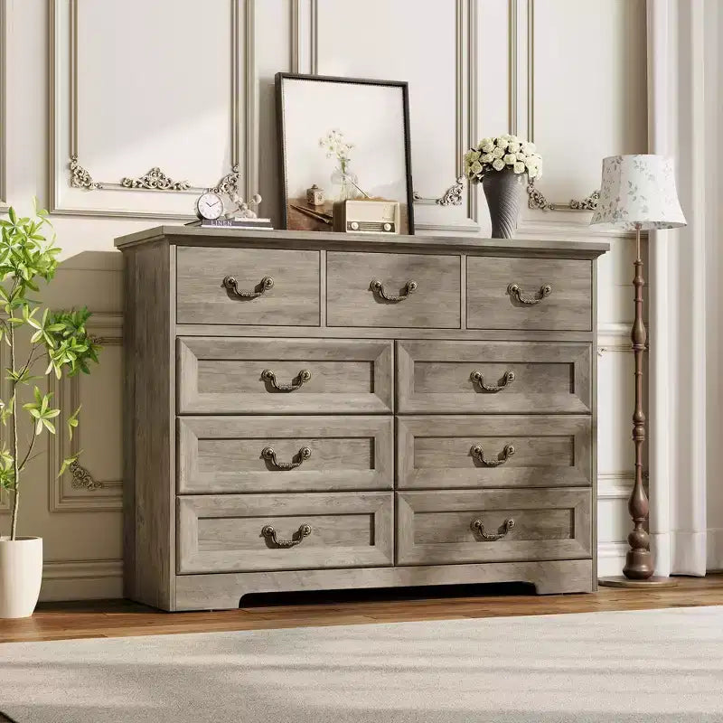 Commode GustoWave à 9 tiroirs pour chambre à coucher, commode en bois vintage de 120 cm de large, organisateur de rangement de style ferme pour salon, couloir, entrée