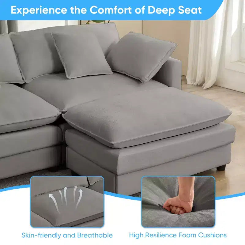 Mjkone Grand canapé modulaire 148'', canapé en forme de U à 6 places en tissu chenille, assise profonde avec 2 poufs