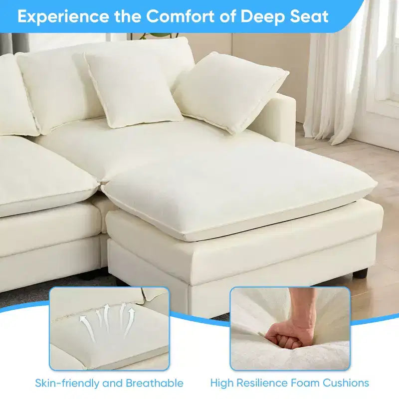Mjkone Grand canapé modulaire 148'', canapé en forme de U à 6 places en tissu chenille, assise profonde avec 2 poufs