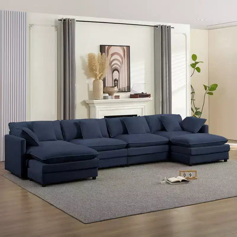 Mjkone Grand canapé modulaire 148'', canapé en forme de U à 6 places en tissu chenille, assise profonde avec 2 poufs