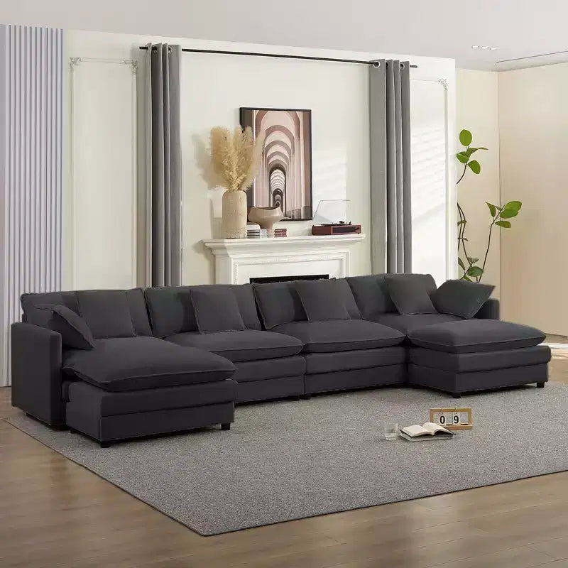 Mjkone Grand canapé modulaire 148'', canapé en forme de U à 6 places en tissu chenille, assise profonde avec 2 poufs