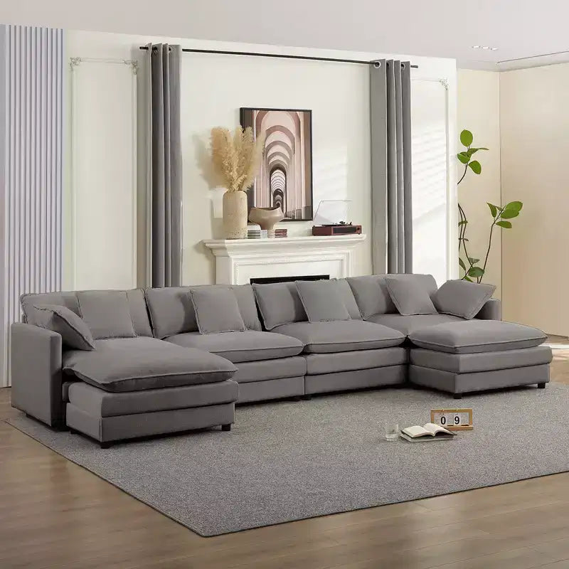 Mjkone Grand canapé modulaire 148'', canapé en forme de U à 6 places en tissu chenille, assise profonde avec 2 poufs
