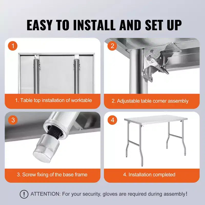 Table de préparation commerciale pliable VEVOR, plan de travail commercial 48 x 30 pouces, table pliante robuste en acier inoxydable avec charge de 300 lb, argent