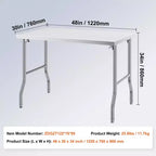 Table de préparation commerciale pliable VEVOR, plan de travail commercial 48 x 30 pouces, table pliante robuste en acier inoxydable avec charge de 300 lb, argent