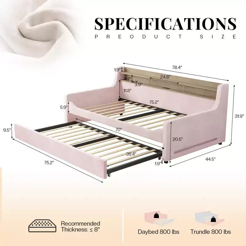 Lit de repos double AMERLIFE avec lit gigogne, lit rembourré avec tête de lit de rangement, LED et station de recharge, cadre d'angle en velours pour chambre à coucher/chambre d'amis