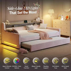 Lit de repos double AMERLIFE avec lit gigogne, lit rembourré avec tête de lit de rangement, LED et station de recharge, cadre d'angle en velours pour chambre à coucher/chambre d'amis
