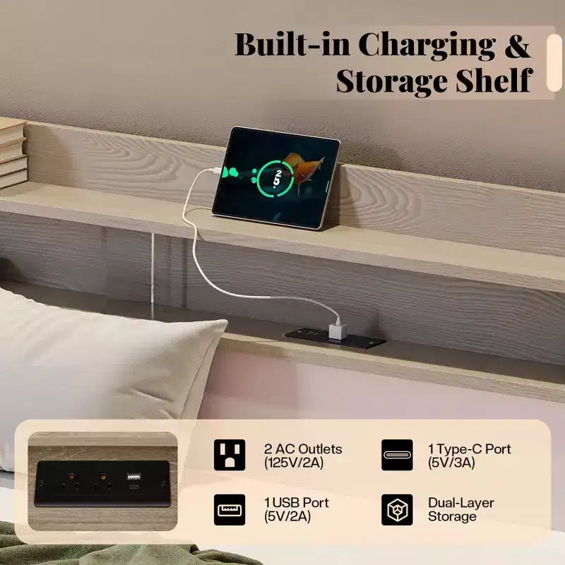 Lit de repos double AMERLIFE avec lit gigogne, lit rembourré avec tête de lit de rangement, LED et station de recharge, cadre d'angle en velours pour chambre à coucher/chambre d'amis