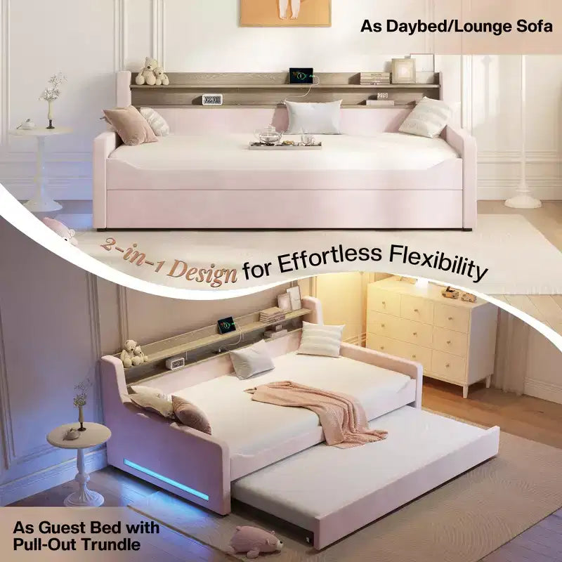 Lit de repos double AMERLIFE avec lit gigogne, lit rembourré avec tête de lit de rangement, LED et station de recharge, cadre d'angle en velours pour chambre à coucher/chambre d'amis