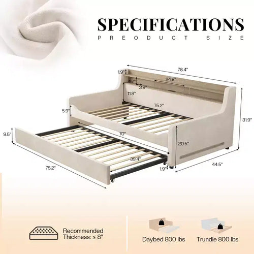 Lit de repos double AMERLIFE avec lit gigogne, lit rembourré avec tête de lit de rangement, LED et station de recharge, cadre d'angle en velours pour chambre à coucher/chambre d'amis