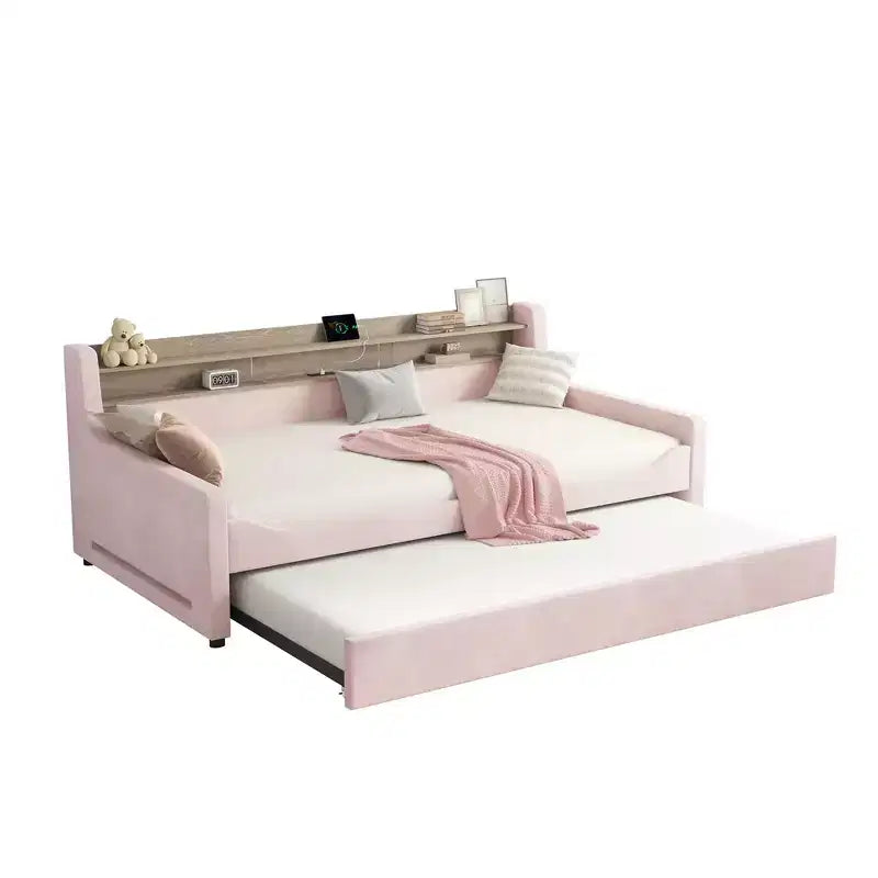 Lit de repos double AMERLIFE avec lit gigogne, lit rembourré avec tête de lit de rangement, LED et station de recharge, cadre d'angle en velours pour chambre à coucher/chambre d'amis