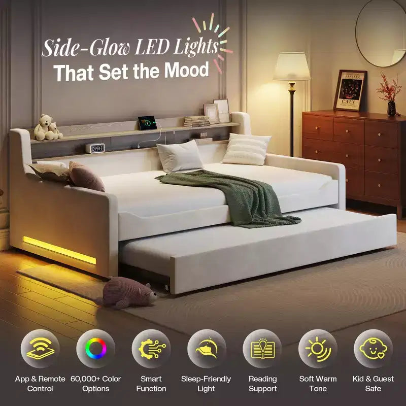 Lit de repos double AMERLIFE avec lit gigogne, lit rembourré avec tête de lit de rangement, LED et station de recharge, cadre d'angle en velours pour chambre à coucher/chambre d'amis