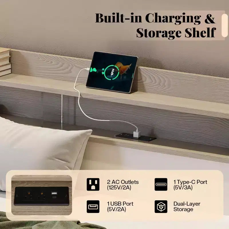 Lit de repos double AMERLIFE avec lit gigogne, lit rembourré avec tête de lit de rangement, LED et station de recharge, cadre d'angle en velours pour chambre à coucher/chambre d'amis
