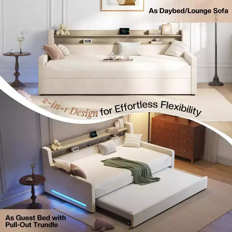 Lit de repos double AMERLIFE avec lit gigogne, lit rembourré avec tête de lit de rangement, LED et station de recharge, cadre d'angle en velours pour chambre à coucher/chambre d'amis