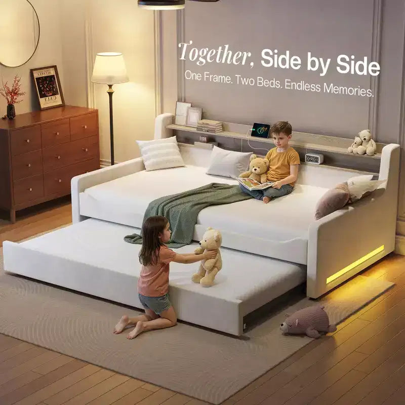 Lit de repos double AMERLIFE avec lit gigogne, lit rembourré avec tête de lit de rangement, LED et station de recharge, cadre d'angle en velours pour chambre à coucher/chambre d'amis