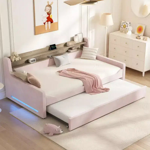 AMERLIFE Twin Daybed with Trundle, Upholstered Bed with Storage Headboard, LED & Charging Station, Velvet Corner Frame for Bedroom/Guest Room