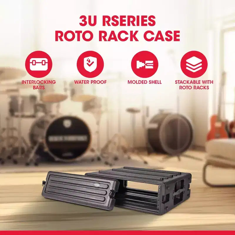 SKB 3U Roto Rack Case - Protection d'équipement en polyéthylène durable, empilable, étanche avec fermetures tournantes et pieds en caoutchouc pour musiciens, noir