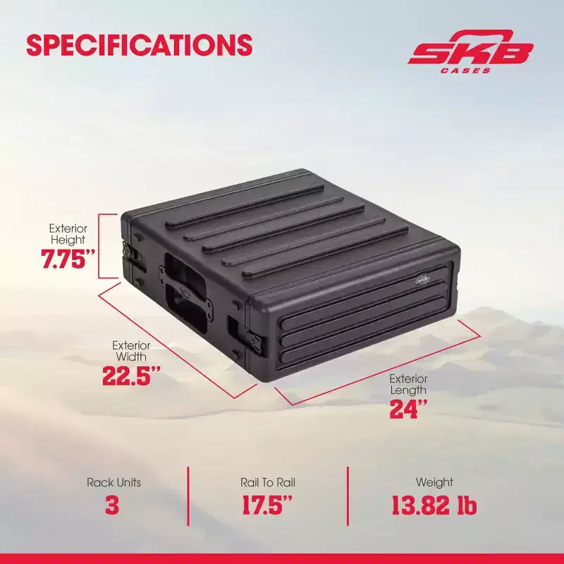 SKB 3U Roto Rack Case - Protection d'équipement en polyéthylène durable, empilable, étanche avec fermetures tournantes et pieds en caoutchouc pour musiciens, noir
