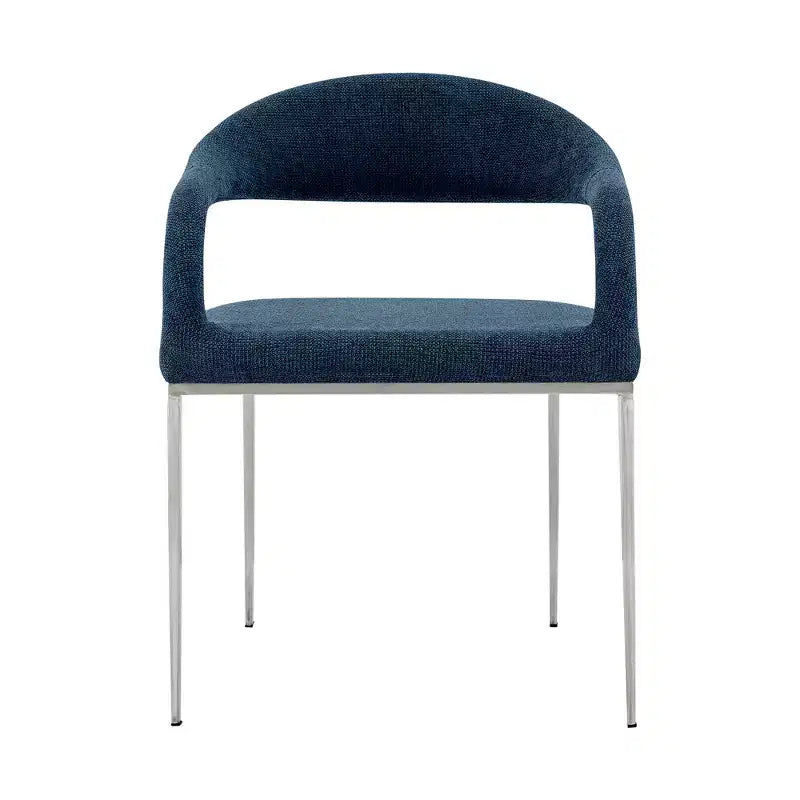 HomeRoots Lot de deux chaises de salle à manger avec accoudoirs, dossier ouvert, en polyester capitonné, bleu et argent
