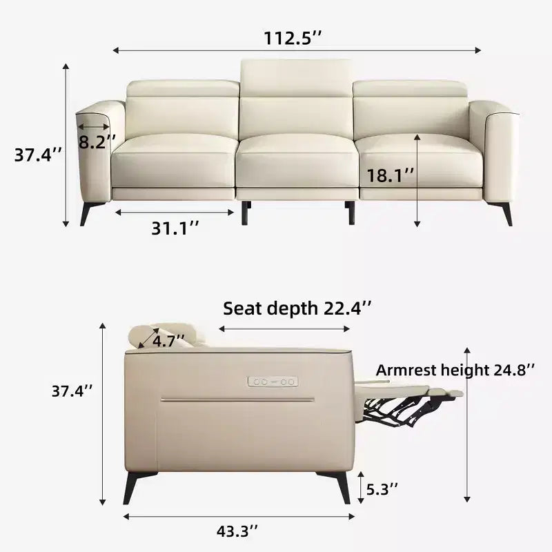 Gaoyangjiaju Canapé 3 places en cuir véritable ultra-confortable de 285,75 cm, canapé à deux moteurs