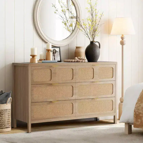 Commode à 6 tiroirs en rotin, poignées en métal, pieds en bois, style bohème et ferme, rangement chêne pour chambre, salon, couloir, entrée