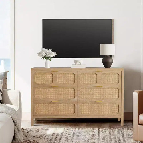 6-Drawer Rattan Dresser Metal Handles Wood Legs Boho Farmhouse Oak Storage for Bedroom Living Room Hallway Entryway
