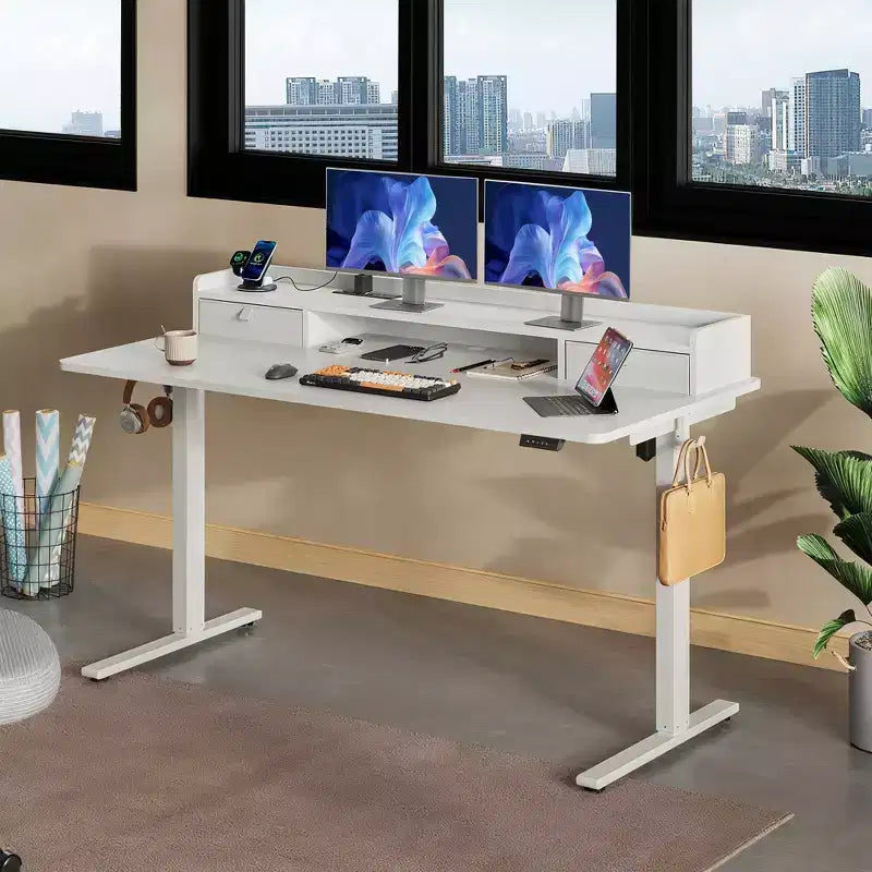 GALAXHERO Bureau électrique debout élargi de 55,24 pouces, poste de travail assis-debout réglable en hauteur avec 2 tiroirs, pour bureau à domicile
