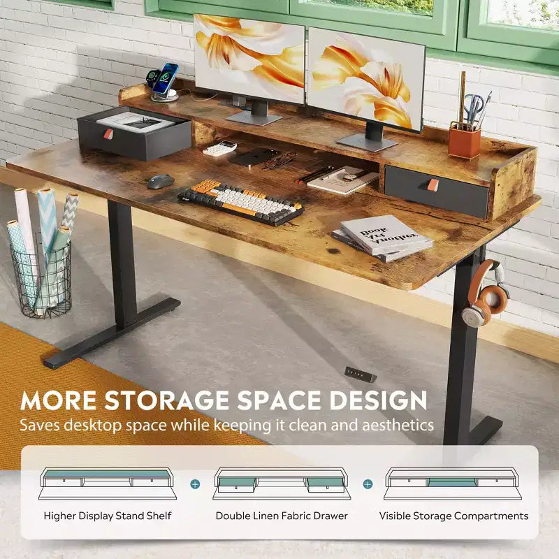GALAXHERO Bureau électrique debout élargi de 55,24 pouces, poste de travail assis-debout réglable en hauteur avec 2 tiroirs, pour bureau à domicile