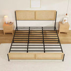 Cadre de lit Boho avec tête et pied de lit en rotin naturel, lit plateforme double en bois sans sommier tapissier, assemblage facile sans bruit en métal.