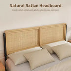 Cadre de lit Boho avec tête et pied de lit en rotin naturel, lit plateforme double en bois sans sommier tapissier, assemblage facile sans bruit en métal.