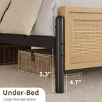 Cadre de lit Boho avec tête et pied de lit en rotin naturel, lit plateforme double en bois sans sommier tapissier, assemblage facile sans bruit en métal.