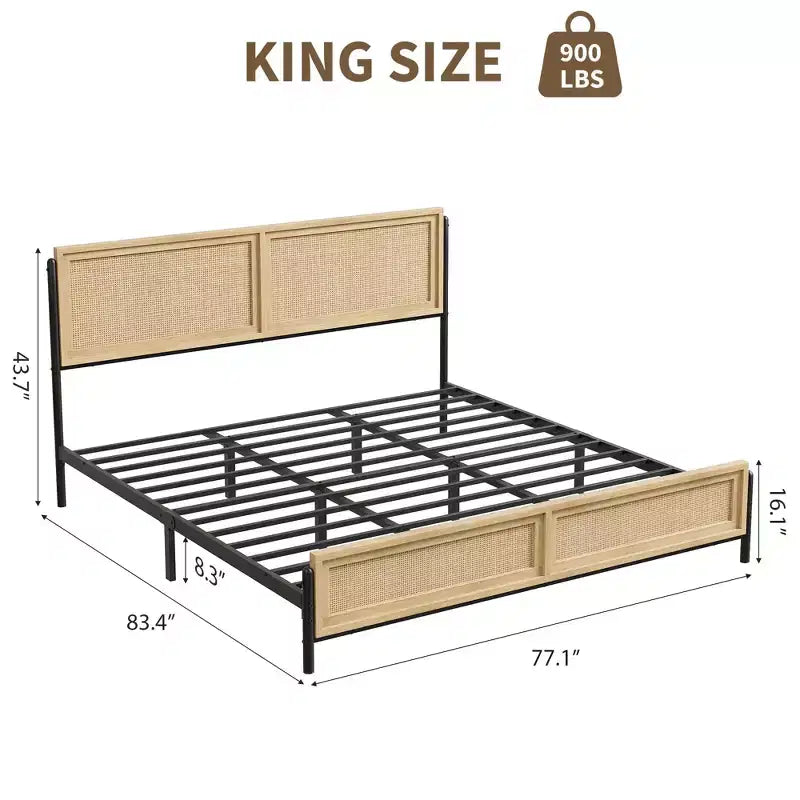 Cadre de lit Boho avec tête et pied de lit en rotin naturel, lit plateforme double en bois sans sommier tapissier, assemblage facile sans bruit en métal.
