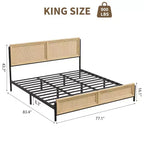 Cadre de lit Boho avec tête et pied de lit en rotin naturel, lit plateforme double en bois sans sommier tapissier, assemblage facile sans bruit en métal.