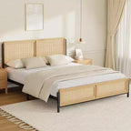 Boho Size Bed Frame with Natural Rattan Headboard and Footboard, Wooden Full Platform Bed No Box Spring Needed, Noise-Free Easy Assemble Metal