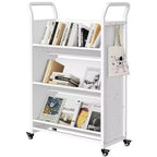 Book Cart with Wheels, Heavy-Duty Mobile Bookshelf Organizer, Single Sided V-Shaped Rolling Library Cart for Office School Home, White