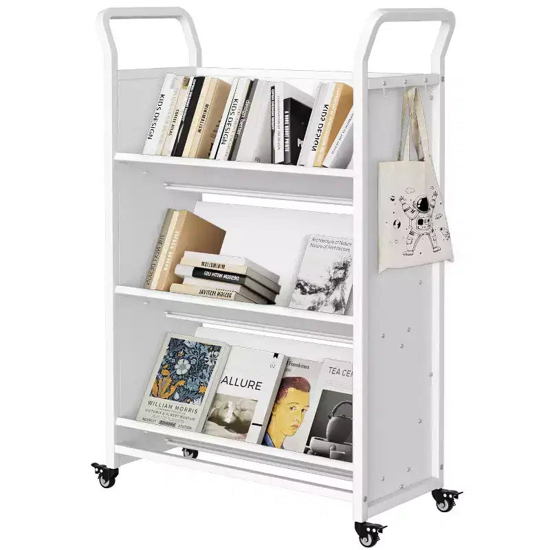 Book Cart with Wheels, Heavy-Duty Mobile Bookshelf Organizer, Single Sided V-Shaped Rolling Library Cart for Office School Home, White