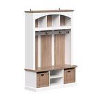 Banc de rangement d'entrée blanc et chêne avec patères, étagères et 2 paniers tressés meuble d'entrée