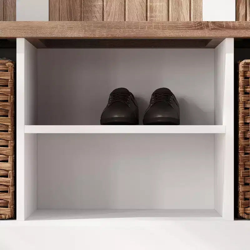 Banc de rangement d'entrée blanc et chêne avec patères, étagères et 2 paniers tressés meuble d'entrée