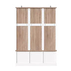 Banc de rangement d'entrée blanc et chêne avec patères, étagères et 2 paniers tressés meuble d'entrée