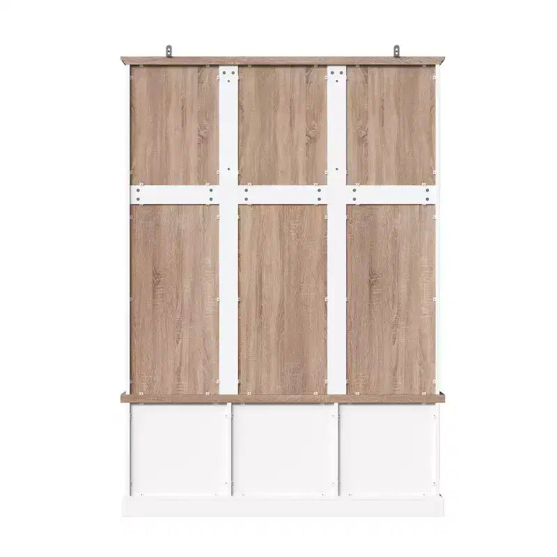 Banc de rangement d'entrée blanc et chêne avec patères, étagères et 2 paniers tressés meuble d'entrée