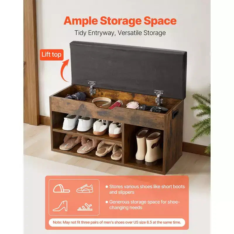 Banc à chaussures d'entrée VEVOR, rangement de chaussures 80,5 x 30,5 x 44,5 cm avec espace de rangement à couvercle relevable, banc 136 kg avec coussin d'assise, marron + noir