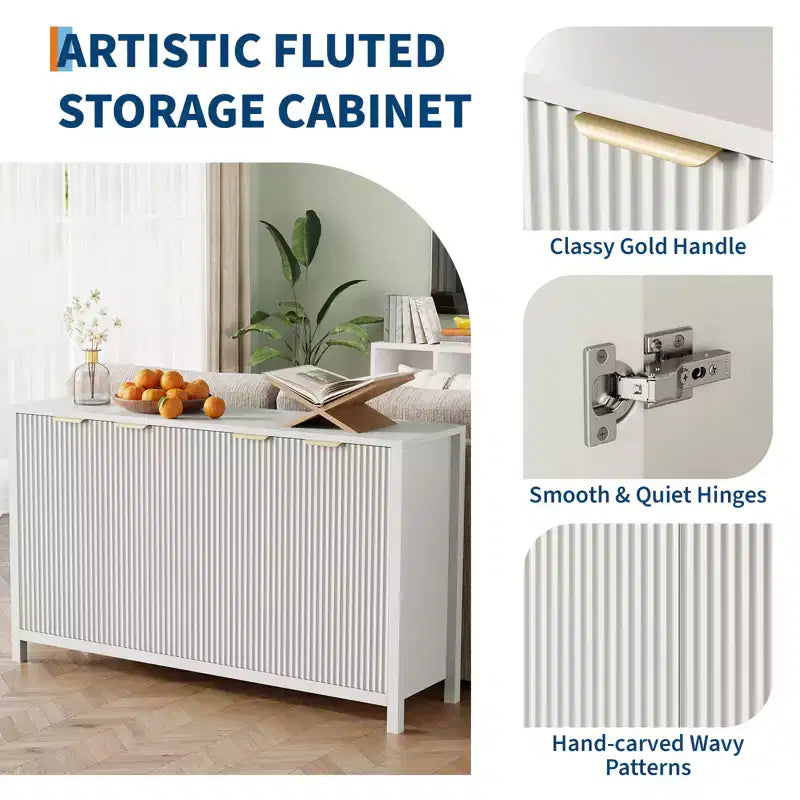 CuisinSmart 55 Buffet cannelé avec rangement, grand buffet avec 4 portes et étagères réglables, table console de buffet de cuisine
