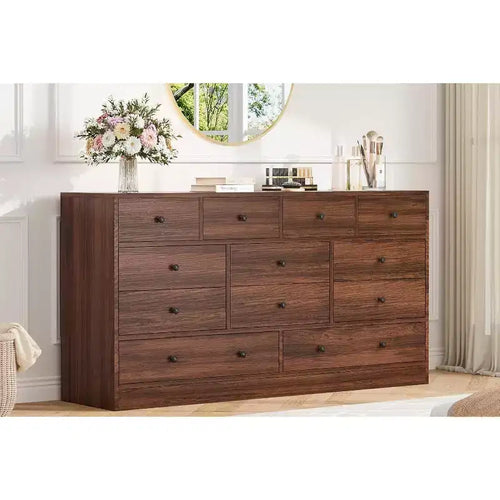 Acekool 12 Drawer Dresser with Power Outlets, Wooden Storage Chest Organizer for Bedroom, Living Room, Hallway, 61 Inch