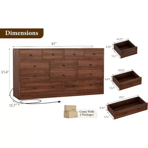 Acekool Commode 12 Tiroirs avec Prises de Courant, Meuble de Rangement en Bois pour Chambre, Salon, Couloir, 155 cm