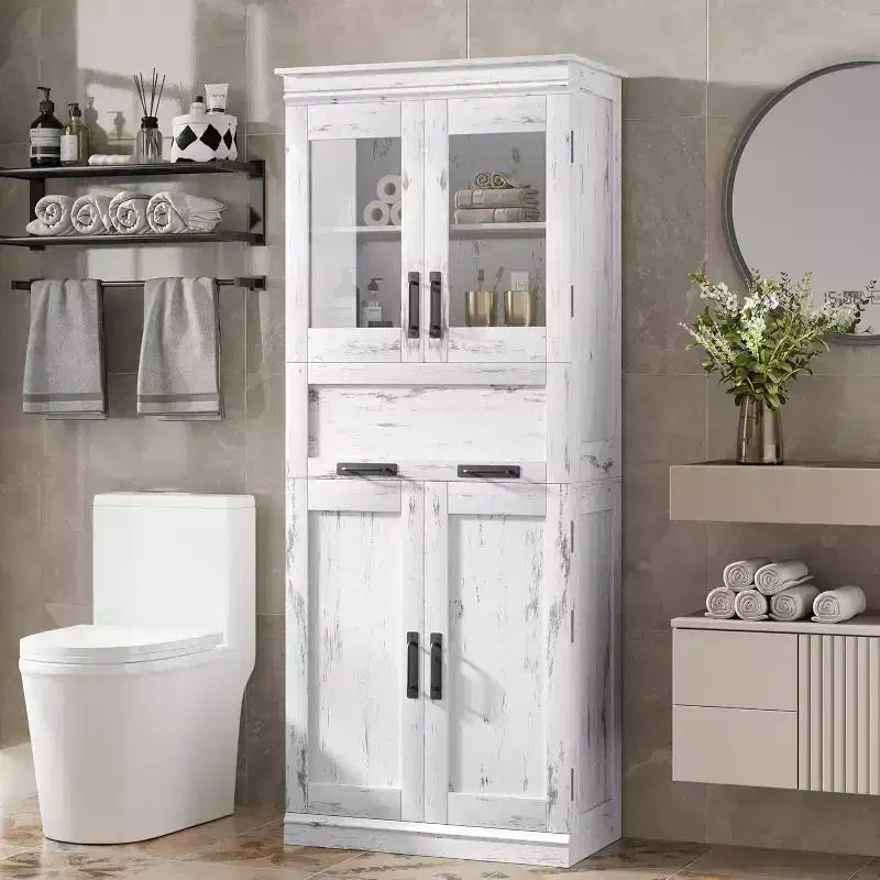 Armoire de rangement haute Acekool avec double portes, étagères réglables et tiroir, accent en verre pour salle de bain, salon, cuisine