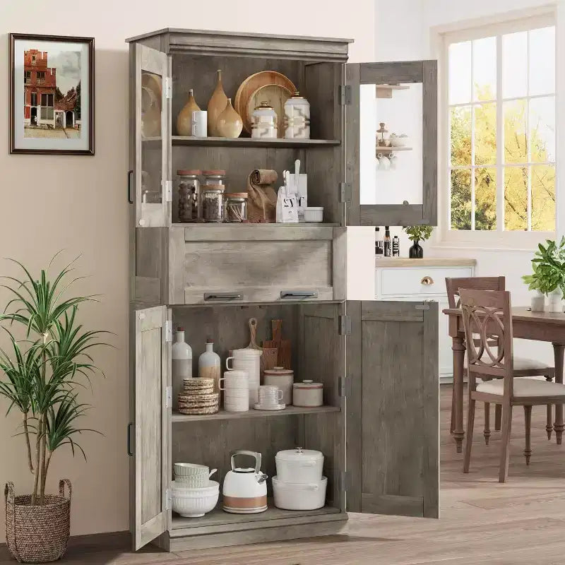 Armoire de rangement haute Acekool avec double portes, étagères réglables et tiroir, accent en verre pour salle de bain, salon, cuisine