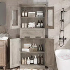 Armoire de rangement haute Acekool avec double portes, étagères réglables et tiroir, accent en verre pour salle de bain, salon, cuisine