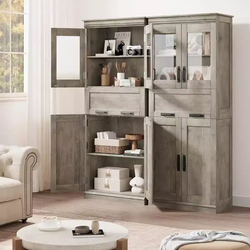 Armoire de rangement haute Acekool avec double portes, étagères réglables et tiroir, accent en verre pour salle de bain, salon, cuisine