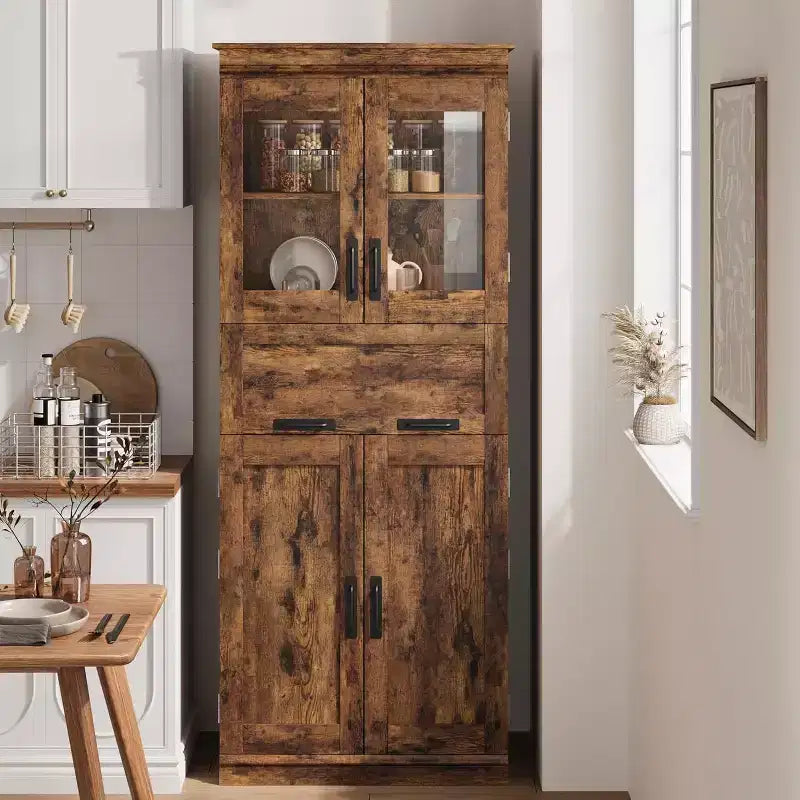 Armoire de rangement haute Acekool avec double portes, étagères réglables et tiroir, accent en verre pour salle de bain, salon, cuisine